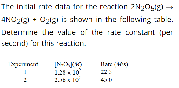 The initial rate data for the reaction 2N205(g)
4NO2(g) + 02(g) is shown in the following table.
Determine the value of the rate constant (per
second) for this reaction.
[N>O5](M)
1.28 x 102
2.56 х 10?
Experiment
Rate (M/s)
1
22.5
2
45.0
