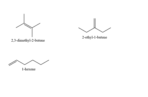 2-ethyl-1-butene
2,3-dimethyl-2-butene
1-hexene

