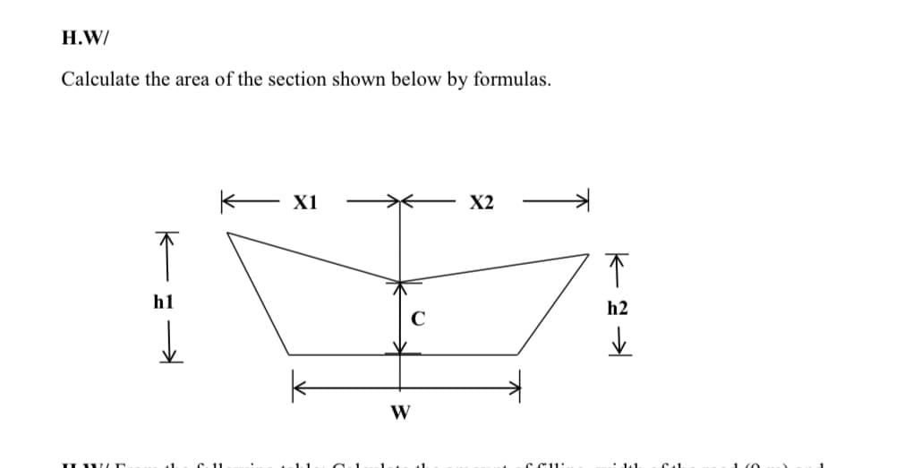 H.W/
Calculate the area of the section shown below by formulas.
X1
X2
h1
h2
W
141.
