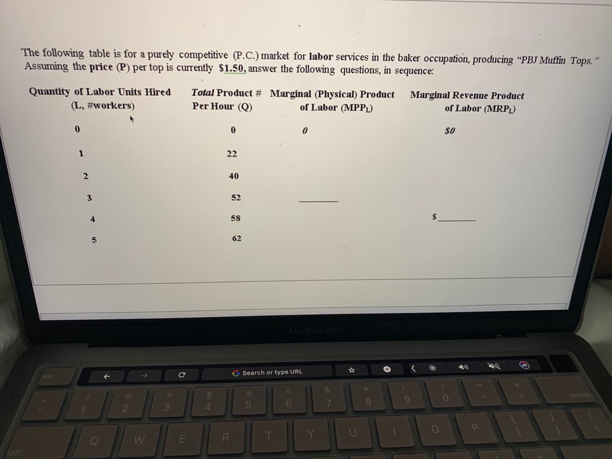 The following table is for a pureły competitive (P.C.) market for labor services in the baker occupation, producing “PBJ Muffin Tops.
Assuming the price (P) per top is currently $1.50, answer the following questions, in sequence:
Quantity of Labor Units Hired
Total Product # Marginal (Physical) Product
Marginal Revenue Product
of Labor (MRPL)
(L, #workers)
Per Hour (Q)
of Labor (MPPL)
SO
1
22
2
40
3
52
4
58
62
MacBook Pro
G Search or type URL
&
24
4.
%23
delete
3
5
6
7
8
T
Y
U
E
tab
