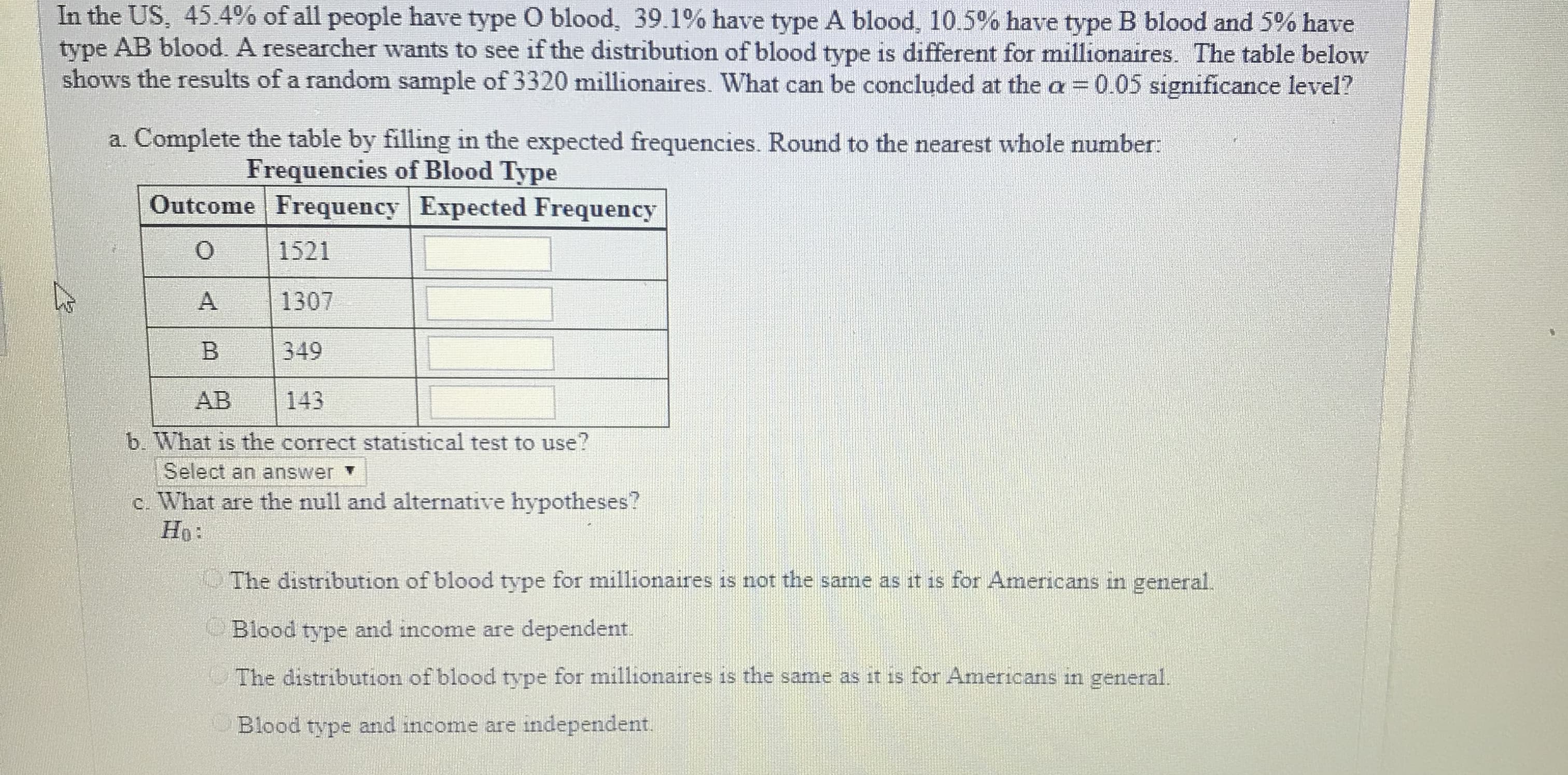 45.4% of all people have type O blood, 39.1% have type A blood. 10.5% have type B blood and 590 have
| In the US
type AB blood. A researcher wants to see if the distribution of blood type is different for millionaires. The table below
shows the results of a random sample of 3320 millionaires. What can be concluded at the α 0.05 significance level?
a. Complete the table by filling in the expected frequencies. Round to the nearest whole number:
Frequencies of Blood Type
Outcome Frequency Expected Frequency
O 1521
A 1307
B 349
AB 143
b. What is the correct statistical test to use?
Select an answer
c. What are the null and alternative hypotheses
Ho:
The distribution of blood type for millionaires is not the same as it is for Americans in general
Blood type and income are dependent
The distribution of blood type for millionaires is the same as it is for Americans in general
Blood type and income are independent
