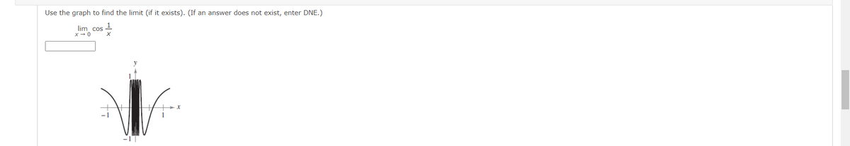 Use the graph to find the limit (if it exists). (If an answer does not exist, enter DNE.)
1
lim cos
x - 0
