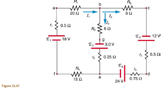 R,
b
20 2
8Ω
I,
0.5 2
R2
E3
12 V
E,
18 V
E2
3.0 V
0.5 Ω
0.25 2
E4
R4
15Ω
0.75 2
24
Figure 21.47
