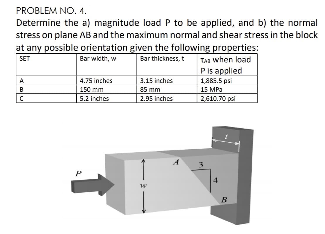 PROBLEM NO. 4.
Determine the a) magnitude load P to be applied, and b) the normal
stress on plane AB and the maximum normal and shear stress in the block
at any possible orientation given the following properties:
SET
Bar width, w
Bar thickness, t
TAB when load
P is applied
1,885.5 psi
A
4.75 inches
3.15 inches
В
150 mm
85 mm
15 MPa
C
5.2 inches
2.95 inches
2,610.70 psi
A
3
4
