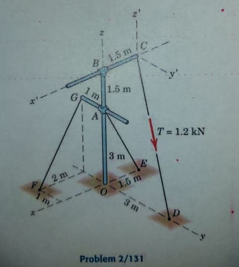 F
2 m
1 m/
Ch
B 1.5 m/C
1 m
A
1.5 m
3 m
E
ON 1.5 m
3 m
Problem 2/131
T = 1.2 kN