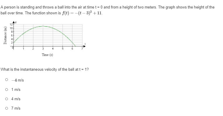 A person is standing and throws a ball into the air at time t = 0 and from a height of two meters. The graph shows the height of the
ball over time. The function shown is f(t) =-(t – 3)² +11.
12
a 10
8
4
Time (s)
What is the instantaneous velocity of the ball at t = 1?
O -4 m/s
O 1 m/s
O 4 m/s
O 7 m/s
