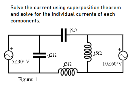 Solve the current using superposition theorem
and solve for the individual currents of each
components.
H
-jsn
-j22
5430° V
j3N
10260°V
Figure: 1
