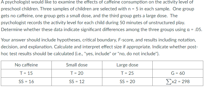 A psychologist would like to examine the effects of caffeine consumption on the activity level of
preschool children. Three samples of children are selected with n = 5 in each sample. One group
gets no caffeine, one group gets a small dose, and the third group gets a large dose. The
psychologist records the activity level for each child during 50 minutes of unstructured play.
Determine whether these data indicate significant differences among the three groups using a = .05.
Your answer should include hypotheses, critical boundary, F-score, and results including notation,
decision, and explanation. Calculate and interpret effect size if appropriate. Indicate whether post-
hoc test results should be calculated (i.e., "yes, include" or "no, do not include").
No caffeine
Small dose
Large dose
T= 15
T= 20
T= 25
G = 60
SS = 16
SS = 12
SS = 20
Ex2 = 298
