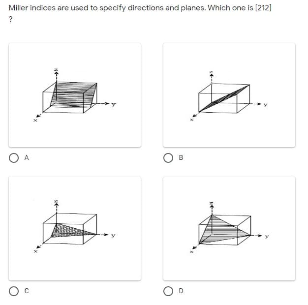 Miller indices are used to specify directions and planes. Which one is [212]
?
O A
O B
D
