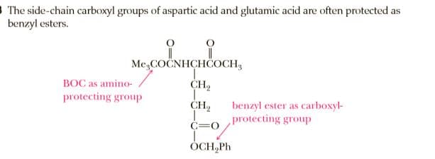 The side-chain carboxyl groups of aspartic acid and glutamic acid are often protected as
benzyl esters.
Me,COČNHCHČOCH3
ВОС as amino-
protecting group
CH,
CH,
benzyl ester as carboxyl-
protecting group
C=0
ÓCH,Ph
