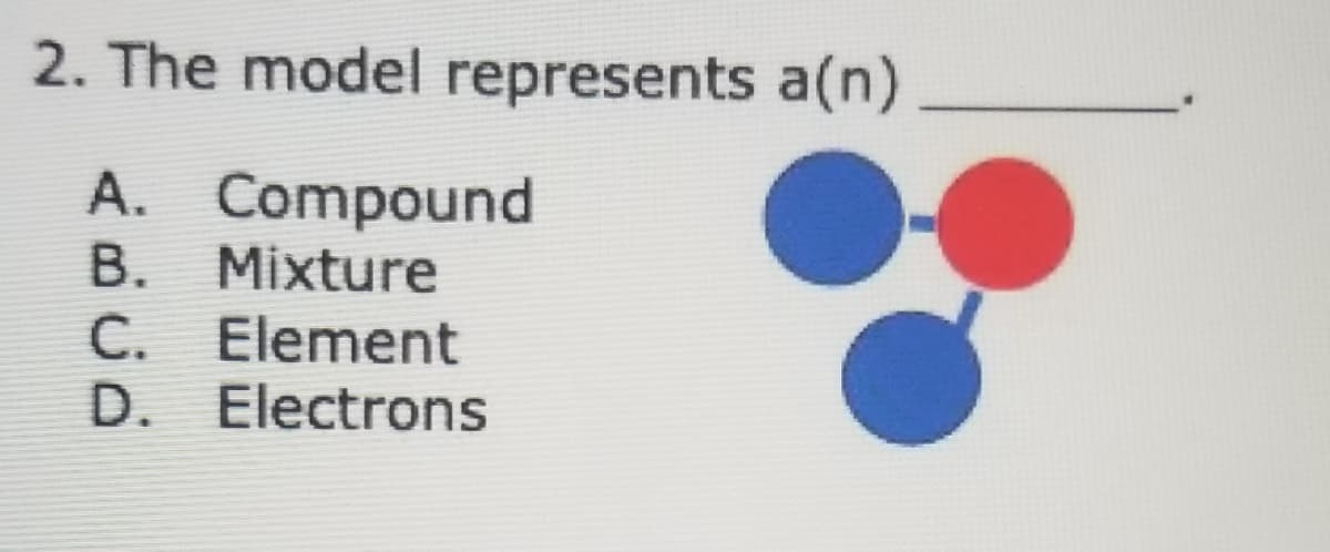 2. The model represents a(n)
A. Compound
B. Mixture
C. Element
D. Electrons
