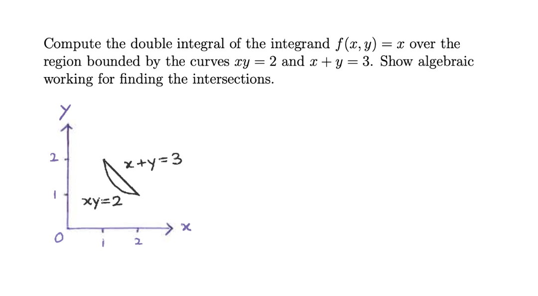 Compute the double integral of the integrand f(x, y)
region bounded by the curves xy = 2 and x + y = 3. Show algebraic
working for finding the intersections.
= x over the
xy=2

