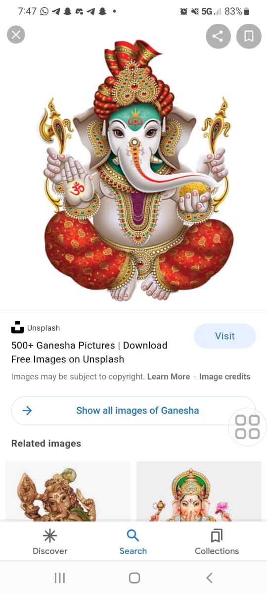 7:47 118 ·
X
5G. 83%
at fe
O
□
Unsplash
Visit
500+ Ganesha Pictures | Download
Free Images on Unsplash
Images may be subject to copyright. Learn More - Image credits
→
Show all images of Ganesha
Related images
Discover
Search
00
00
Collections
