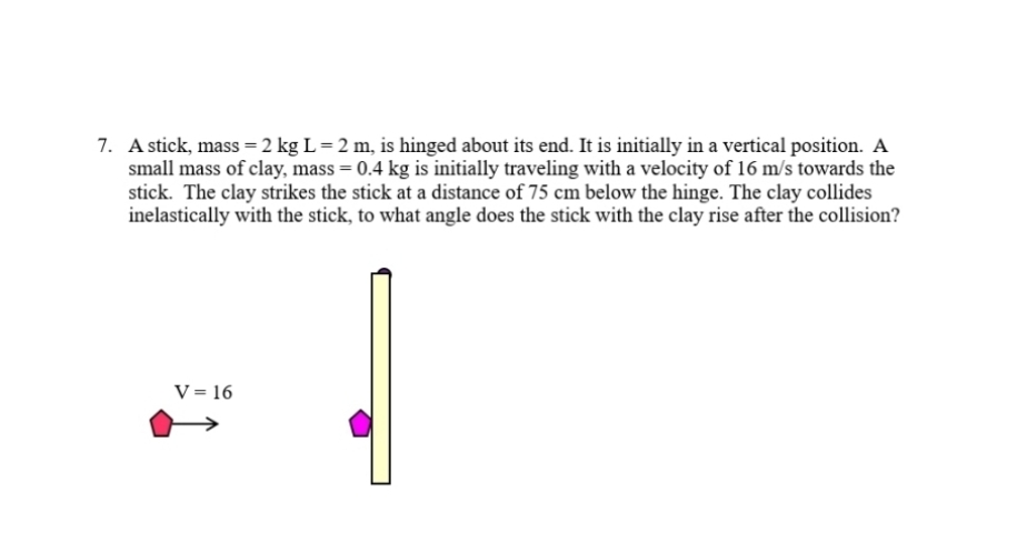 7. A stick, mass = 2 kg L = 2 m, is hinged about its end. It is initially in a vertical position. A
small mass of clay, mass = 0.4 kg is initially traveling with a velocity of 16 m/s towards the
stick. The clay strikes the stick at a distance of 75 cm below the hinge. The clay collides
inelastically with the stick, to what angle does the stick with the clay rise after the collision?
V = 16
