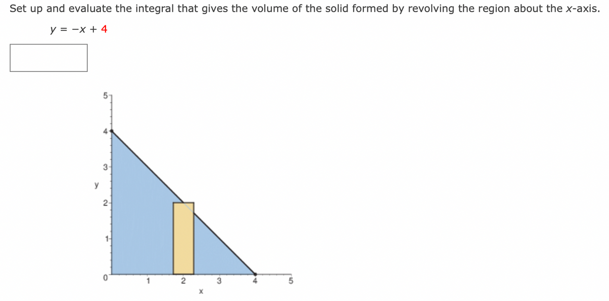 Set up and evaluate the integral that gives the volume of the solid formed by revolving the region about the x-axis.
y = -x + 4
y
3
2-
1-
0
2
5