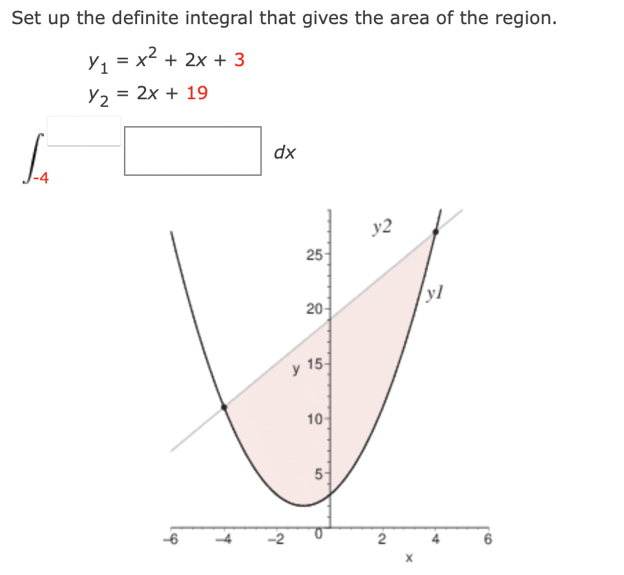 Set up the definite integral that gives the area of the region.
Y₁ = x² + 2x + 3
= 2x + 19
L
Y₂=
-6
dx
-2
25
20-
y 15-
10-
5-
32
2
X
6