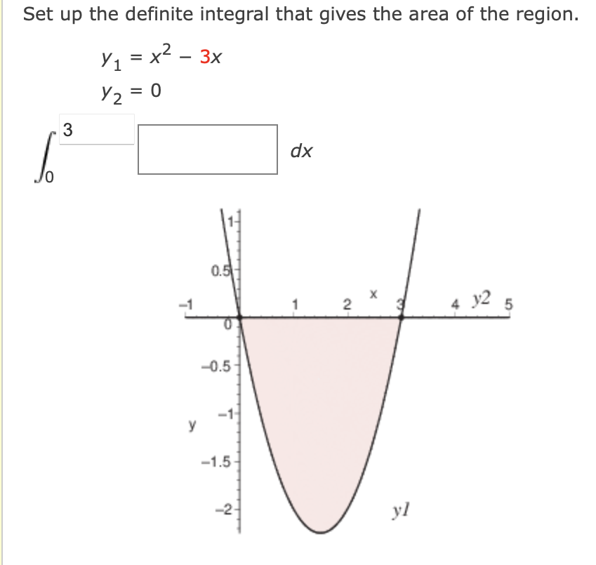 Set up the definite integral that gives the area of the region.
Y₁ = x² – 3x
1
Y2 = 0
Jo
3
y
0.5
-0.5-
-1-
-1.5-
-2
dx
2
X
yl
4 325