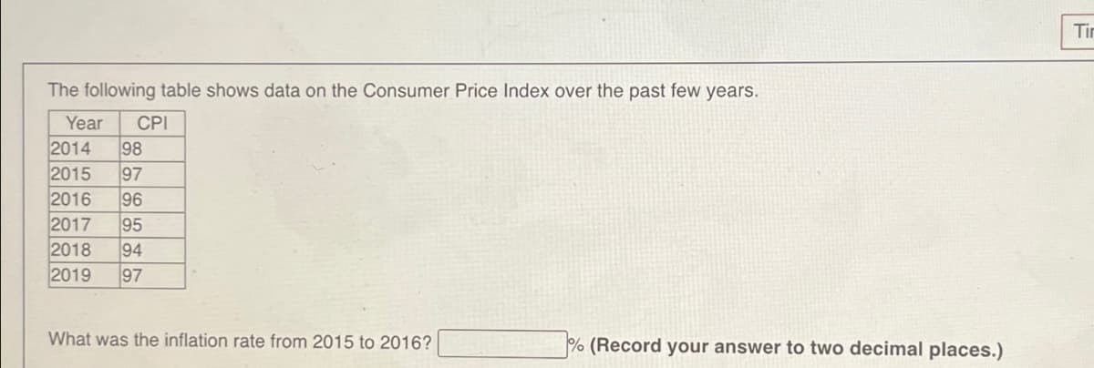 The following table shows data on the Consumer Price Index over the past few years.
Year
2014 98
CPI
2015 97
2016 96
2017 95
2018 94
2019
97
What was the inflation rate from 2015 to 2016?
% (Record your answer to two decimal places.)
Tir