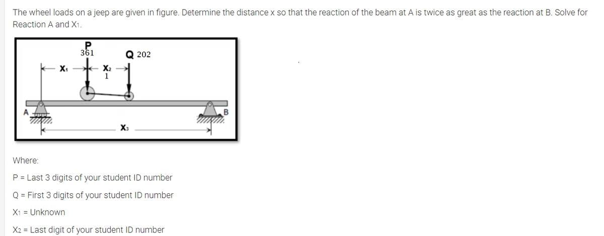 The wheel loads on a jeep are given in figure. Determine the distance x so that the reaction of the beam at A is twice as great as the reaction at B. Solve for
Reaction A and X1.
X₁
P
361
X₂
1
Q202
X3
Where:
P = Last 3 digits of your student ID number
Q = First 3 digits of your student ID number
X₁ = Unknown
X2 = Last digit of your student ID number