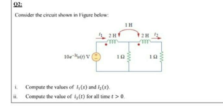 02:
Consider the circuit shown in Figure below:
1H
2H
2H 2
10e u(t) V
12
12
i.
Compute the values of 1,(s) and I2(s).
11.
Compute the value of i(t) for all time t > 0.
