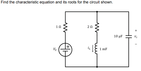 Find the characteristic equation and its roots for the circuit shown.
1n
2Ω
10 µF
Vs
1 mF

