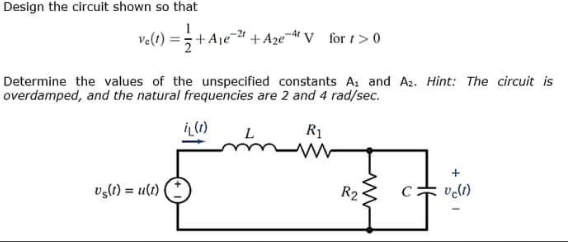 Design the circuit shown so that
Ve(t) =;+Aje- +Aze¬t V_for t> 0
Determine the values of the unspecified constants A: and Az. Hint: The circuit is
overdamped, and the natural frequencies are 2 and 4 rad/sec.
の
R1
vglt) = u(t)
R2
veli)
