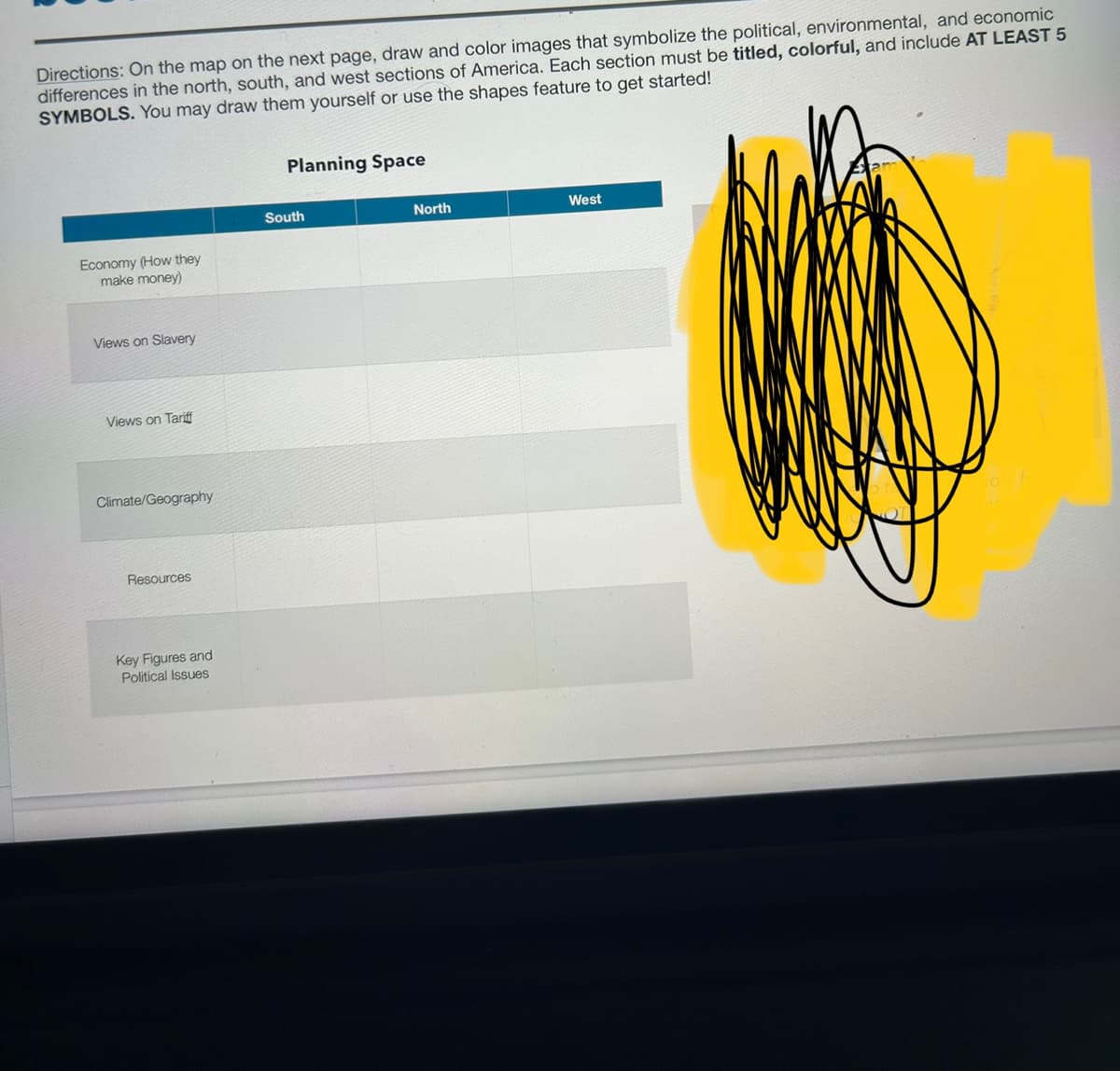 Directions: On the map on the next page, draw and color images that symbolize the political, environmental, and economic
differences in the north, south, and west sections of America. Each section must be titled, colorful, and include AT LEAST 5
SYMBOLS. You may draw them yourself or use the shapes feature to get started!
Economy (How they
make money)
Views on Slavery
Views on Tariff
Climate/Geography
Resources
Key Figures and
Political Issues
Planning Space
South
North
West