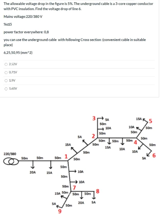 The allowable voltage drop in the figure is 5%. The underground cable is a 3-core copper conductor
with PVC insulation. Find the voltage drop of line 6.
Mains voltage:220/380 V
%e55
power factor everywhere: 0,8
you can use the underground cable with following Cross section :(convenient cable in suitable
place)
6,25,50,95 (mm^2)
2.52V
0.71V
O 1.9V
O 1.60V
3 SA
15A5
50m
→ 10A
S0m
10A K
S0m
S0m
SA
50m
Som
S0m
Som 4
50m
15A
S0m
15A
10A
S0m
10A
220/380
50m
50m
Som
Som
SA
50m
20A
15A
10A
50m
10A
5om7
15A 50m 50m
8.
50m
20A
SA
50m
1.
