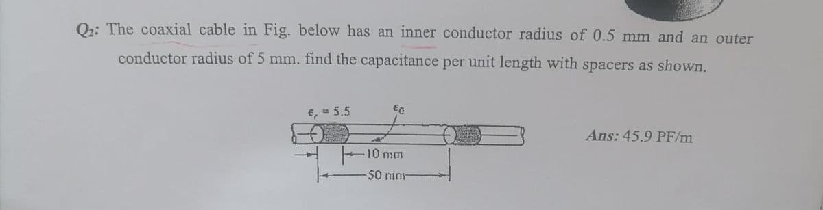 O2: The coaxial cable in Fig. below has an inner conductor radius of 0.5 mm and an outer
conductor radius of 5 mm. find the capacitance per unit length with spacers as shown.
5.5
Ans: 45.9 PF/m
10 mm
-$0 mn
