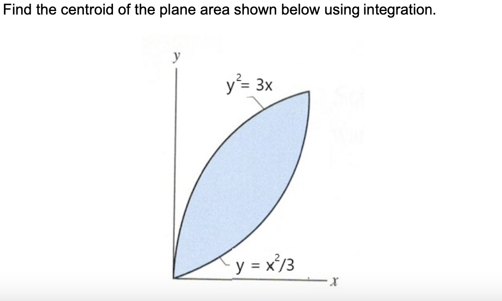 Find the centroid of the plane area shown below using integration.
y
y²= 3x
y = x²/3
X
