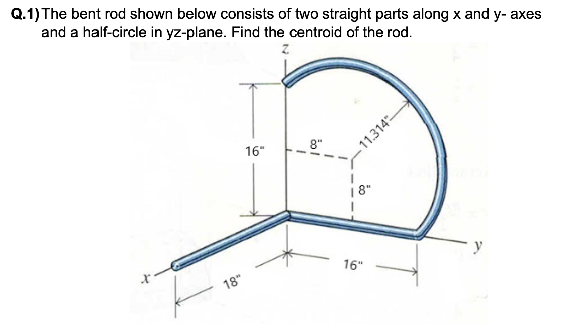 Q.1) The bent rod shown below consists of two straight parts along x and y- axes
and a half-circle in yz-plane. Find the centroid of the rod.
18"
16"
8"
16"
11.314