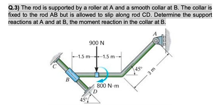 Q.3) The rod is supported by a roller at A and a smooth collar at B. The collar is
fixed to the rod AB but is allowed to slip along rod CD. Determine the support
reactions at A and at B, the moment reaction in the collar at B.
A
900 N
-1.5 m -1.5 m-
800 N-m
B
45%
3m