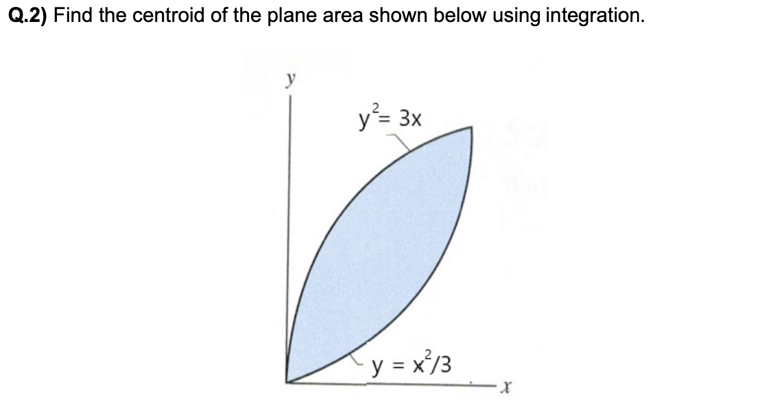 Q.2) Find the centroid of the plane area shown below using integration.
y
y²= 3x
y = x²/3
X