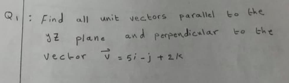 ': Find all unit vectors parallel to the
and perpendicular to the
plane
vector
V = 5i -j + 2k
