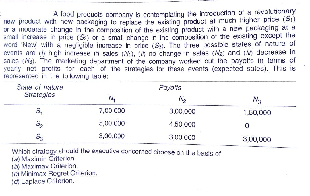 A food products company is contemplating the introduction of a revolutionary
new product with new packaging to replace the existing product at much higher price (S1)
or a moderate change in the composition of the existing product with a new packaging at a
small increase in price (S2) or a small change in the composition of the existing except the
word 'New'. with a negligible increase in price (S3). The three possible states of nature of
events are (1) high increase in sales (N1), (i) no change in sales (N2) and (iii) decrease in
sales (N3). The marketing department of the company worked out the payoffs in terms of
yearly net profits for each of the strategies for these events (expected sales). This is
represented in the following table:
State of nature
Payoifs
Strategies
N2
N3
S,
7,00,000
3,00,000
1,50,000
S2
5,00,000
4,50,000
S3
3,00,000
3,00,000
3,00,000
Which strategy should the executive concerned choose on the basis of
(a) Maximin Criterion.
(b) Maximax Criterion.
(c) Minimax Regret Criterion.
(d) Laplace Criterion.
