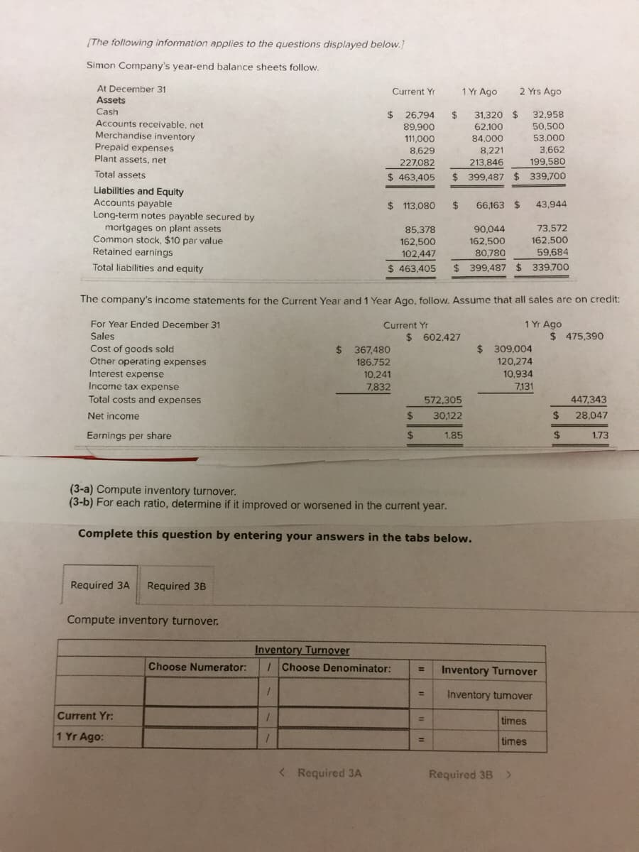 [The following information applies to the questions displayed below.]
Simon Company's year-end balance sheets follow,
At December 31
Current Yr
1 Yr Ago
2 Yrs Ago
Assets
Cash
32.958
50,500
24
26,794
2$
31,320 $
Accounts receivable, net
89,900
62.100
Merchandise inventory
Prepaid expenses
Plant assets, net
111,000
84,000
53.000
3,662
199,580
8,629
8,221
227,082
213,846
Total assets
$ 463,405
$ 399,487 $ 339,700
Liabillties and Equity
Accounts payable
$ 113,080
$
66,163 $
43,944
Long-term notes payable secured by
mortgages on plant assets
Common stock, $10 par value
Retained earnings
73.572
162,500
59,684
90,044
162,500
85,378
162,500
102,447
80,780
Total liabilities and equity
$ 463.405
$ 399,487
$ 339,700
The company's income statements for the Current Year and 1 Year Ago, follow. Assume that all sales are on credit:
For Year Ended December 31
Current Yr
1 Yr Ago
Sales
$ 602.427
$ 475,390
$ 309,004
Cost of goods sold
Other operating expenses
$ 367,480
186.752
120,274
Interest expense
10,241
10,934
Income tax expense
7,832
7,131
Total costs and expenses
572,305
447,343
Net income
%24
30,122
28.047
Earnings per share
2$
1.85
$
1,73
(3-a) Compute inventory turnover.
(3-b) For each ratio, determine if it improved or worsened in the current year.
Complete this question by entering your answers in the tabs below.
Required 3A
Required 3B
Compute inventory turnover.
Inventory Turnover
I Choose Denominator:
Choose Numerator:
Inventory Turnover
%3D
Inventory tumover
Current Yr:
times
%3D
1 Yr Ago:
%3D
times
< Required 3A
Required 3B
