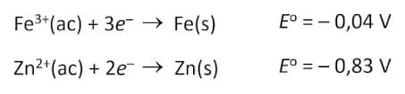 Fe3*(ac) + 3e- → Fe(s)
E° = - 0,04 V
Zn2*(ac) + 2e- → Zn(s)
E° = - 0,83 V
