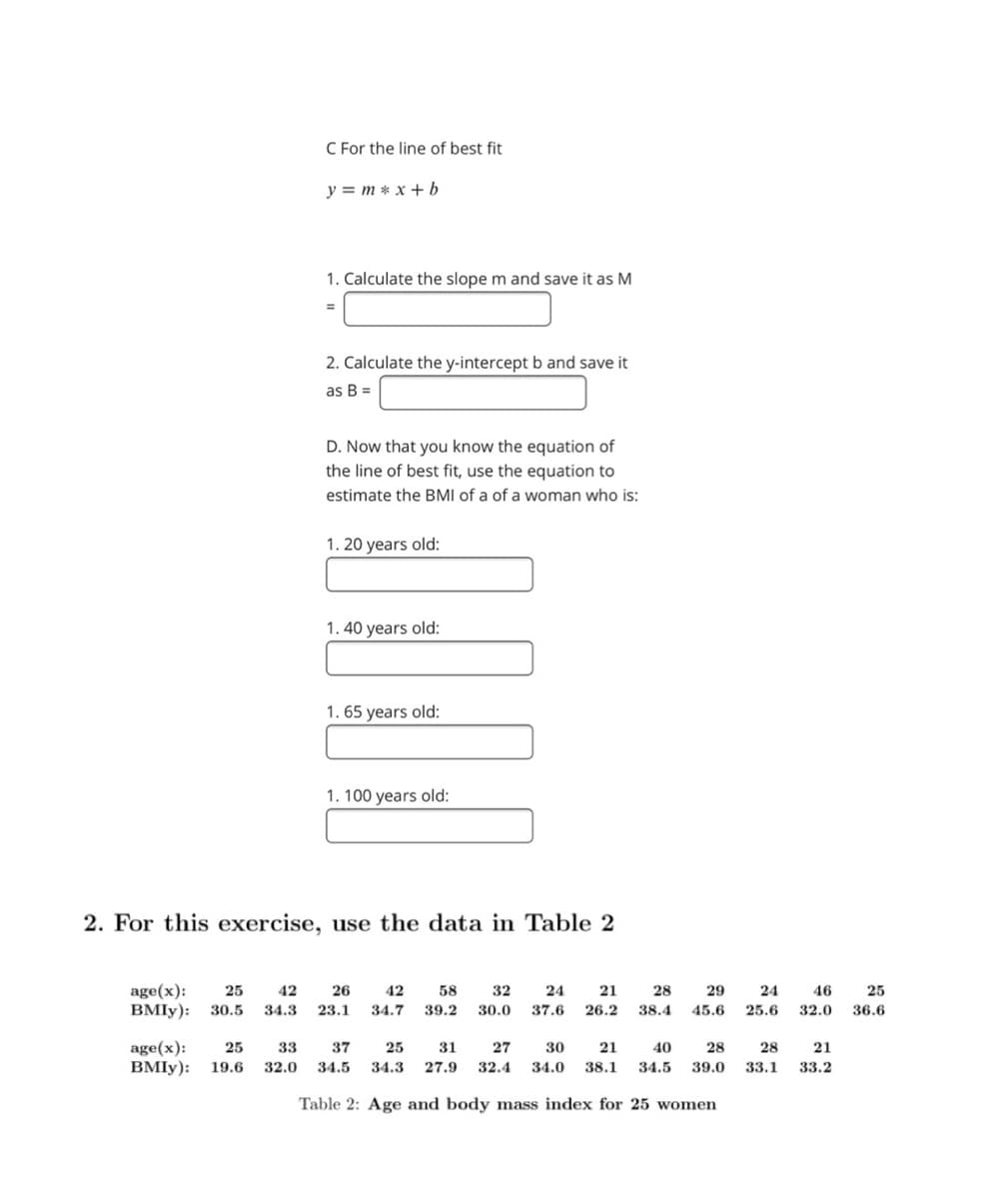 C For the line of best fit
y = m * x + b
1. Calculate the slope m and save it as M
2. Calculate the y-intercept b and save it
as B =
D. Now that you know the equation of
the line of best fit, use the equation to
estimate the BMI of a of a woman who is:
1. 20 years old:
1. 40 years old:
1. 65 years old:
1. 100 years old:
2. For this exercise, use the data in Table 2
age(x):
BMIY):
25
42
26
42
58
32
24
21
28
29
24
46
25
30.5
34.3
23.1
34.7
39.2
30.0
37.6
26.2
38.4
45.6
25.6
32.0
36.6
age(x):
BMIY):
25
33
37
25
31
27
30
21
40
28
28
21
19.6
32.0
34.5
34.3
27.9
32.4
34.0
38.1
34.5
39.0
33.1
33.2
Table 2: Age and body mass index for 25 women
