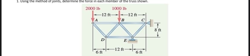 1. Using the method of joints, determine the force in each member of the truss shown.
2000 lb
1000 Ib
-12 ft 12 ft -
B
8 ft
D
E-
12 ft
6 ft
