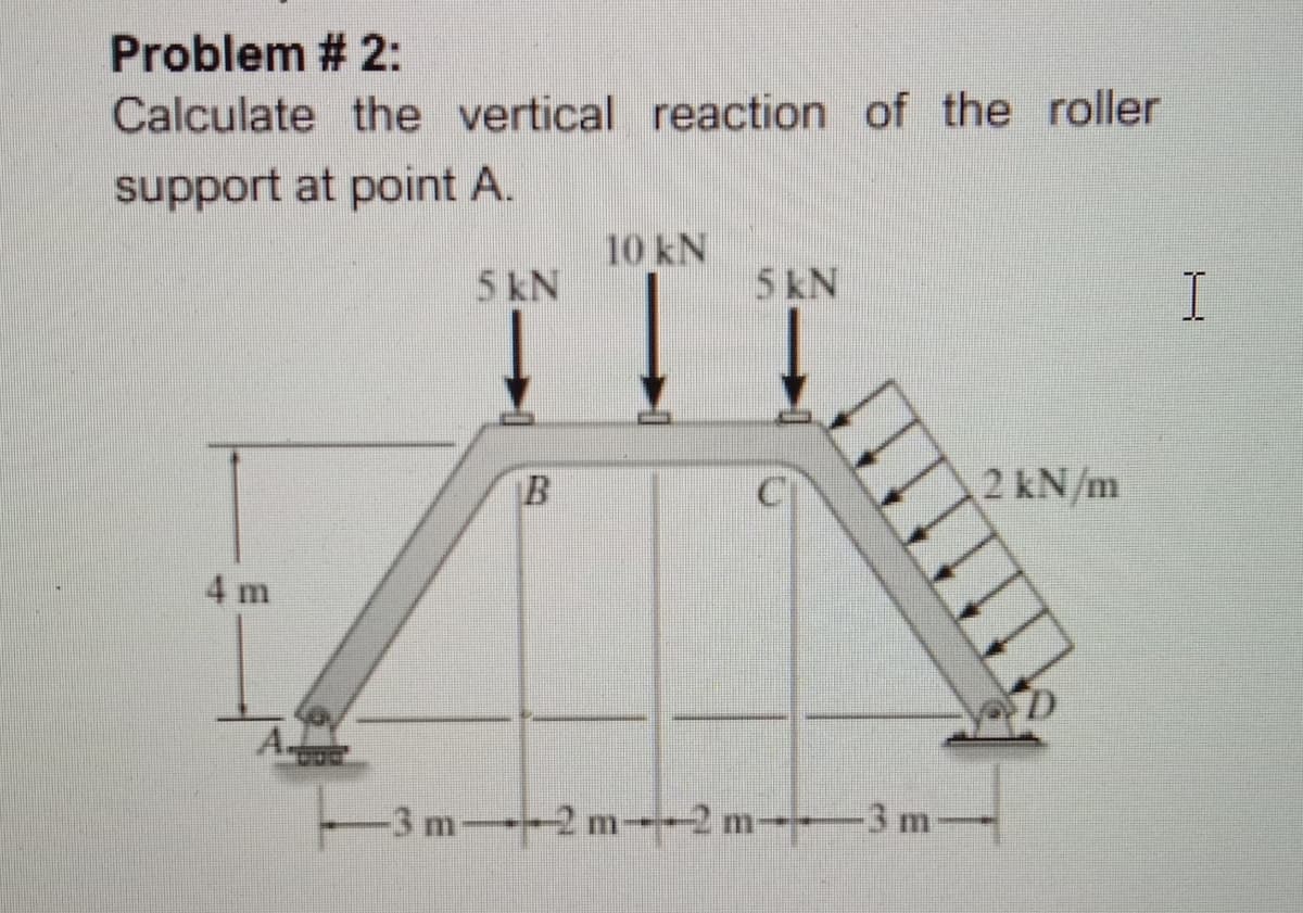 Problem # 2:
Calculate the vertical reaction of the roller
support at point A.
10 kN
5 kN
5 kN
2 kN/m
4 m
A.
-3 m 2 m--2 m-3 m
