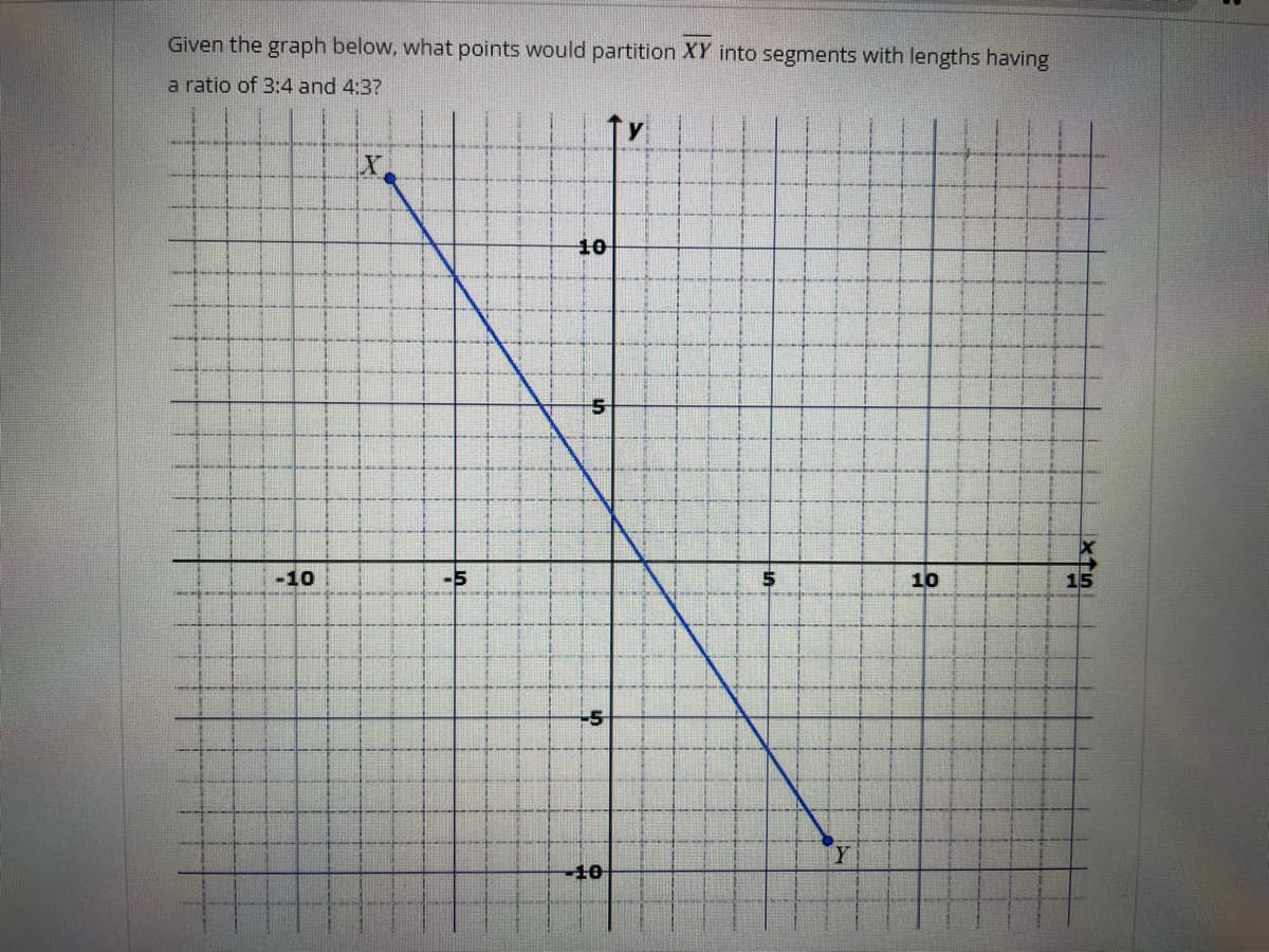 Given the graph below, what points would partition XY into segments with lengths having
a ratio of 3:4 and 4:3?
-10
X
-5
10
-5
-10
5
Y
10