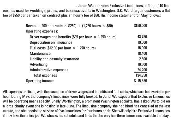 . Jason Wu operates Exclusive Limousines, a fleet of 10 lim-
ousines used for weddings, proms, and business events in Washington, D.C. Wu charges customers a flat
fee of $250 per car taken on contract plus an hourly fee of $80. His income statement for May follows:
$150,000
Revenue (200 contracts x $250) + (1,250 hours x $80)
Operating expenses:
Driver wages and benefits ($35 per hour x 1,250 hours)
Depreciation on limousines
Fuel costs ($12.80 per hour x 1,250 hours)
43,750
19,000
16,000
Maintenance
18,400
Liability and casualty insurance
Advertising
Administrative expenses
2,500
10,500
24,200
Total expenses
Operating income
134,350
$ 15,650
All expenses are fixed, with the exception of driver wages and benefits and fuel costs, which are both variable per
hour. During May, the company's limousines were fully booked. In June, Wu expects that Exclusive Limousines
will be operating near capacity. Shelly Worthington, a prominent Washington socialite, has asked Wu to bid on
a large charity event she is hosting in late June. The limousine company she had hired has canceled at the last
minute, and she needs the service of five limousines for four hours each. She will only hire Exclusive Limousines
if they take the entire job. Wu checks his schedule and finds that he only has three limousines available that day.
