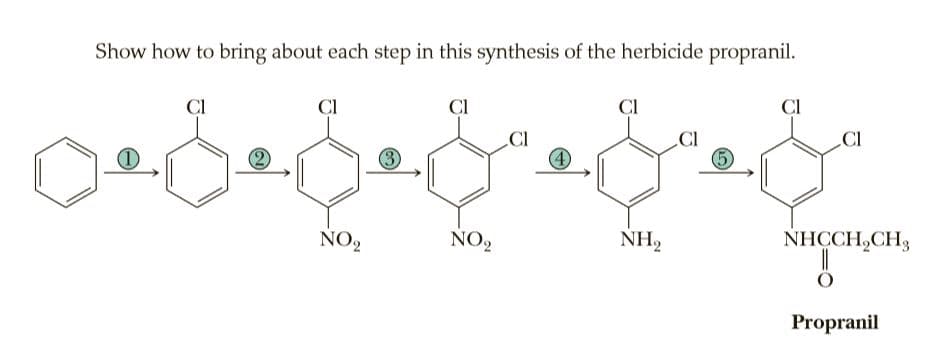 Show how to bring about each step in this synthesis of the herbicide propranil.
CI
CI
CI
CI
CI
CI
4
Cl
CI
NO,
NO,
NH2
NHCCH,CH3
Propranil
2)
