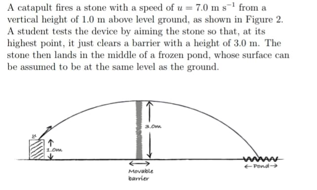 A catapult fires a stone with a speed of u = 7.0 m s¹ from a
vertical height of 1.0 m above level ground, as shown in Figure 2.
A student tests the device by aiming the stone so that, at its
highest point, it just clears a barrier with a height of 3.0 m. The
stone then lands in the middle of a frozen pond, whose surface can
be assumed to be at the same level as the ground.
个
1.0m
3.0m
Movable
barrier
←Pond->