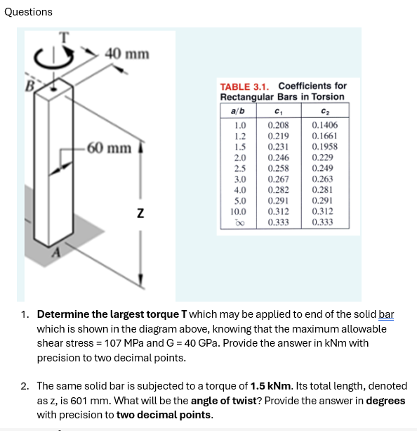 Questions
T
40 mm
TABLE 3.1. Coefficients for
Rectangular Bars in Torsion
a/b
C₁
C₂
1.0
0.208
0.1406
1.2
0.219
0.1661
60 mm
1.5
0.231
0.1958
2.0
0.246
0.229
2.5
0.258
0.249
3.0
0.267
0.263
4.0
0.282
0.281
5.0
0.291
0.291
N
10.0
0.312
0.312
0.333
0.333
1. Determine the largest torque T which may be applied to end of the solid bar
which is shown in the diagram above, knowing that the maximum allowable
shear stress = 107 MPa and G = 40 GPa. Provide the answer in kNm with
precision to two decimal points.
2. The same solid bar is subjected to a torque of 1.5 kNm. Its total length, denoted
as z, is 601 mm. What will be the angle of twist? Provide the answer in degrees
with precision to two decimal points.