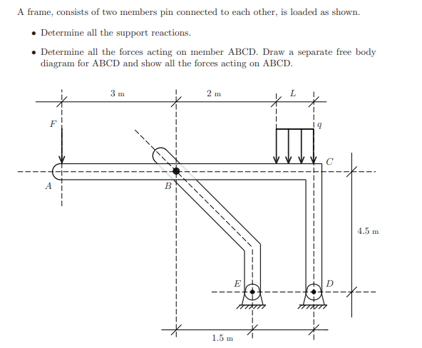 A frame, consists of two members pin connected to each other, is loaded as shown.
Determine all the support reactions.
• Determine all the forces acting on member ABCD. Draw a separate free body
diagram for ABCD and show all the forces acting on ABCD.
2 m
L.
3 m
4.5 m
E
1.5 m
