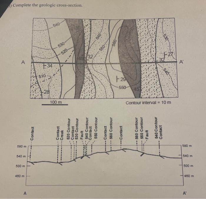 6) Complete the geologic cross-section.
A
580 m
540 m
500 m
400 m
E
A
Contact
1:34
540-
530
520-
100 m
Contact
-Creek
432
520 Contour
Contact
530 Contour
540 Contour
Contact
550 Contour
Fault
540-
550
Contact
560 Contour
-560-
+29
550
--Contact
451
Contour interval = 10 m
560 Contour
550 Contour
Fault
540
540 Contour
Contact
A'
580 m
540 m
500 m
460 m
A'
E