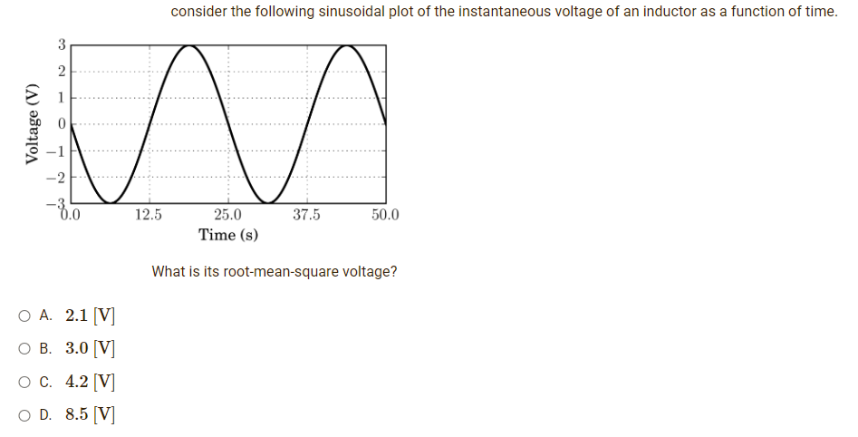 Voltage (V)
3
2
1
-1
O A. 2.1 [V]
O B. 3.0 [V]
O C. 4.2 [V]
O D. 8.5 [V]
consider the following sinusoidal plot of the instantaneous voltage of an inductor as a function of time.
12.5
37.5
50.0
25.0
Time (s)
What is its root-mean-square voltage?