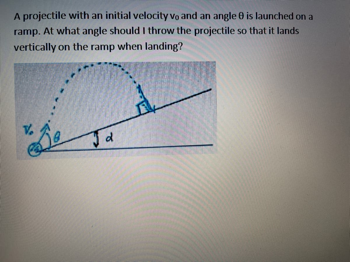A projectile with an initial velocity vo and an angle 0 is launched on a
ramp. At what angle should I throw the projectile so that it lands
vertically on the ramp when landing?
Jd
