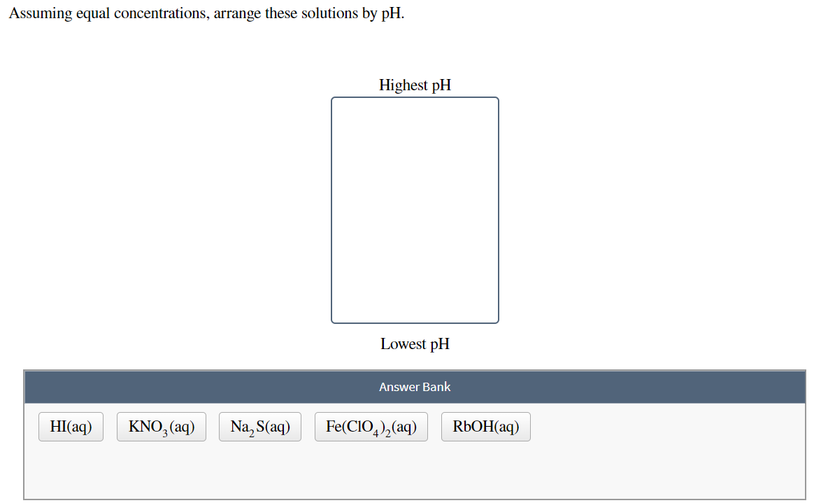 Assuming equal concentrations, arrange these solutions by pH.
Highest pH
Lowest pH
Answer Bank
HI(aq)
KNO,(aq)
Na, S(aq)
Fe(CIO,),(aq)
RЬOH(аq)
